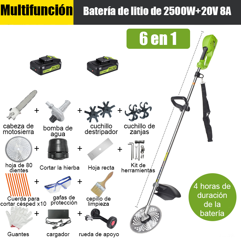 [6 en 1] 2500 W, batería de litio de 20 V 8 A*2, 4 horas de duración de la batería, cabezal de sierra de aceite, cuchilla escarificadora, cuchilla para zanjas, bomba de agua, cuchilla de 80 dientes, cabezal de corte, cuerda de corte*10, cuchilla recta , ruedas de apoyo, juego completo de accesorios.