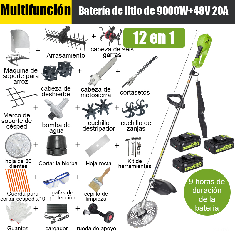 [12 en 1] Batería de litio de 9000 W, 48 V 20 A*3, 9 horas de duración de la batería, cabezal de motosierra, cuchillo escarificador, cuchillo para zanjas, bomba de agua, cuchilla de 80 dientes, cabezal de corte, cuerda de corte*10, cuchilla recta , Ruedas de soporte, marco de soporte de césped, soporte de arroz, cortasetos, cabezal de desmalezado, cabezal de seis garras, nivelador, juego completo de accesorios